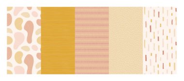 Geometrik şekiller soyut arkaplan koleksiyonu. Vektör renkli çizim seti. Turuncu, sarı ve pembe renkli çizgi ve noktalar. Ambalaj kağıdı, tekstil, fon tasarımı