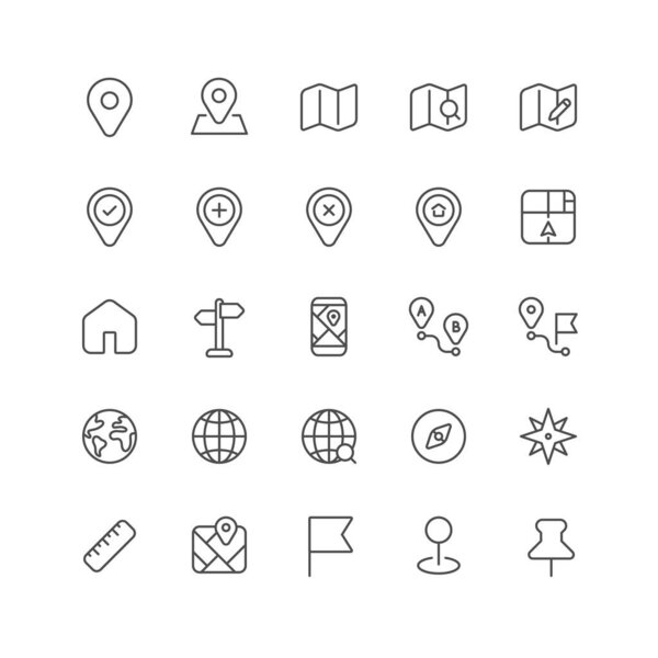 Коллекция значков контура для ui. Набор векторных тонких линий. Местонахождение путешествия, картография и символ назначения карты изолированы на белом фоне. Элемент дизайна