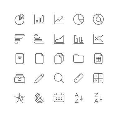 ui için taslak simge koleksiyonu. Vektör ince çizgi çizim seti. Beyaz arka planda izole edilmiş finans tablosu, analitik ve belge kağıdı sembolü. Tasarım ögesi