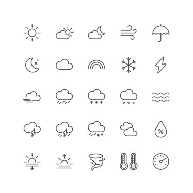 ui için taslak simge koleksiyonu. Vektör ince çizgi çizim seti. Hava tahmini, yağış, güneş, yağmur, kar ve fırtına sembolü beyaz arka planda izole edilmiş. Tasarım ögesi