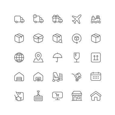 ui için taslak simge koleksiyonu. Vektör ince çizgi çizim seti. Beyaz arka planda izole edilmiş iş teslimatı, küresel taşımacılık ve depo sembolleri. Tasarım ögesi