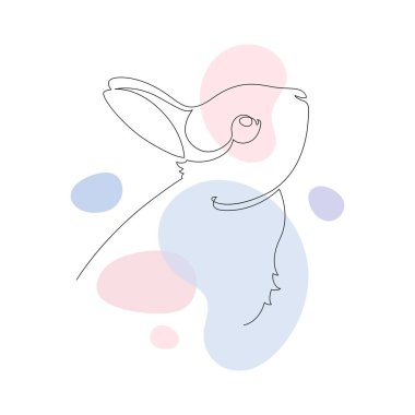 Bir satır siluet koleksiyonu. Vektör doğrusal sanat çizimi. Beyaz arka planda mavi, pembe lekeli siyah çizgili bir tavşan manzaralı sembol. Paskalya yumurtası tatili için tasarım öğesi