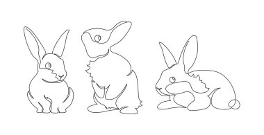 Bir satır siluet koleksiyonu. Vektör doğrusal sanat çizimi seti. Tavşan, beyaz arka planda siyah tavşan sembolü. Paskalya yumurtası ve Çin burcu yeni yıl tatili için tasarım öğesi