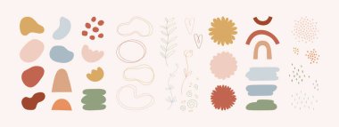 Soyut pastel renk şekli koleksiyonu. Vektör geometrik mephis tarzı ve bir çizgi çizimi. Renkli çocuksu ve beyaz arka planda izole edilmiş doğa şekilleri. Tasarım ögesi.