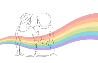 Sevgililer Günü tatili, ilişkiler ve evlilik kavramı. Birinci satır sanat illüstrasyonunu yönlendir. Lgbt sembolünün rengi. Kucaklaşan iki kız. Tebrik kartı ve afiş için tasarım.