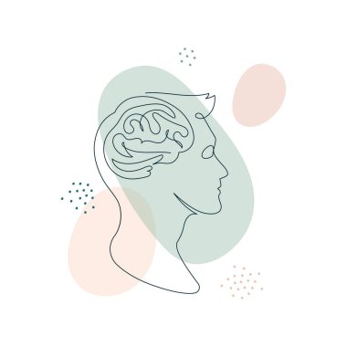 Mental health problem, psychology and business education concept. Vector one line art illustration. Human head profile with brain by continous line on color splash background.