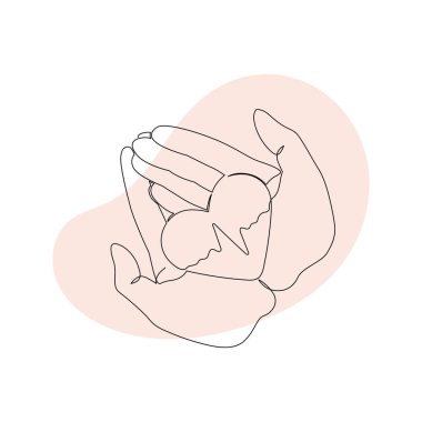 One line silhouette healthcare collection. Vector linear art illustration. Black outline human hand hold heart with heartbeat symbol. Design element for cardiology, health care, awareness