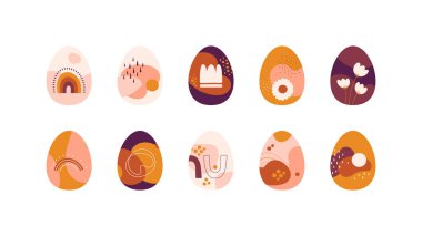 Easter egg collection. Vector modern illustration set. Abstract childish style colorful shapes isolated on white background. Design for happy easter day holiday.