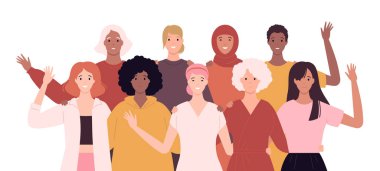 Women empowerment feminist concept. Vector flat person illustration. Group of women of various ethnic and nationality embrace isolated on white. Design element for diversity banner, card, poster.