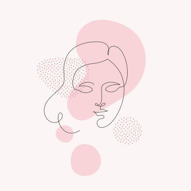 Kadın güzellik konsepti. Birinci satır modern illüstrasyon. Kadın sürekli pembe soyut şekildeki avatarla yüzleşiyor. Moda, cilt bakımı, satış, reklam için tasarım öğesi