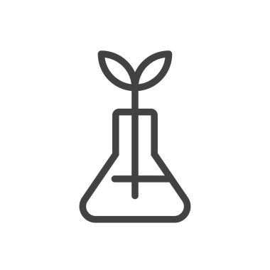 Model Ui Simge Eğitimi ve Okul Sınıfı Koleksiyonu. Vektör siyah doğrusal çizim. Laboratuvar deney şişesindeki bitki arka planda izole edilmiş. Bilim, endüstri, biyoloji, kimya için tasarım elementi.