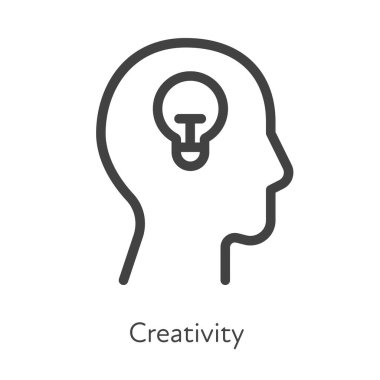 Taslak stil ui simgeleri iş koleksiyonu için yumuşak beceri. Vektör siyah doğrusal çizim. Yaratıcılık. Beyazda izole edilmiş ampul fikri sembollü insan kafası profili. Şirket eğitimi için tasarım