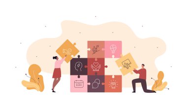 İş konsepti koleksiyonu için yumuşak bir yetenek. Vektör düz karakter çizimi. Erkek ve kadın takım, beyaza izole edilmiş yeterlilik sembolü yapbozu yapar. Şirket eğitimi ve işi için tasarım