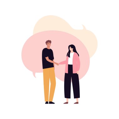 İş konsepti koleksiyonu için yumuşak bir yetenek. Vektör düz karakter çizimi. İletişim. Arka planda konuşma balonu olan kadın ve erkek tokalaşması. Şirket eğitimi ve işi için tasarım