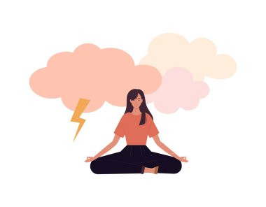 İş konsepti koleksiyonu için yumuşak bir yetenek. Vektör düz çizim. Disiplin ve duygusal yönetim. Kadın nilüfer çiçeği pozunda meditasyon yapıyor. Yıldırım şoku öfke sembolü. Şirket eğitimi için tasarım