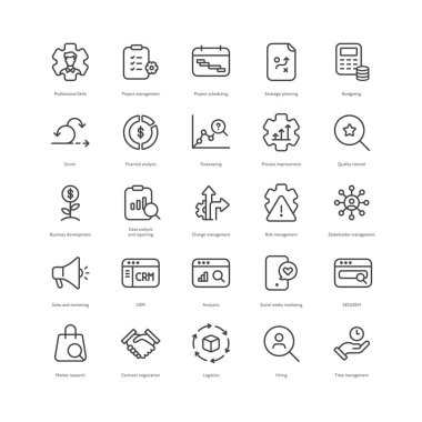 Taslak stil ui simgeleri zor finans becerileri koleksiyonu. Vektör siyah doğrusal resimleme seti. Proje, profesyonel, analiz sembolü beyaz arka planda izole edilmiş. Finans sektörü için tasarım