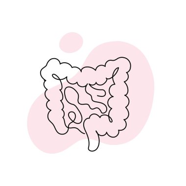 Sağlık hizmeti bir satır konsepti. Vektör sağlık hizmeti doğrusal illüstrasyon. Beyaz arka planda izole edilmiş pembe sıçrama üzerinde bağırsak anatomisi sembolü. Sağlık ve gastroenteroloji için tasarım