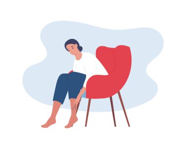 Sağlık hizmetleri konsepti koleksiyonu için varis hastalığı. Vektör düz karakter çizimi. Kadın, bacağında damar hastalığı sembolü olan sandalyeye oturur. Sağlık ve eğitim için tasarım