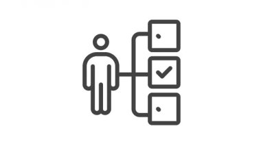 Animasyon taslak simgesi. Ticari yumuşak beceri koleksiyonu. Görev işaretli sembolü olan sorumlu adam. Beyaz arkaplanda alfa kanallı siyah renk. Basit bir açıklama ve yok oluş animasyonu.