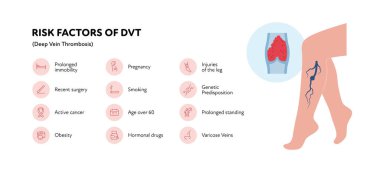 Sağlık bilgileri için derin ven trombozu. Vektör ana hatları simgesi çizimi. DVT risk faktörü. Kan damarlarında zonklayan kadın bacağı. Sağlık ve eğitim için tasarım