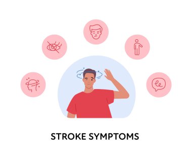 Sağlık bilgileri için beyin nöral hastalıkları. Vektör düz çizim. Semptomları inme belirtileri gösteren bir adam. Sağlık hizmetleri için tasarım
