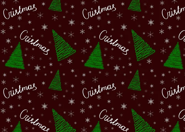 Nahtloses Muster Mit Grünen Weihnachtsbäumen Schneeflocken Auf Dunkelrotem Hintergrund Winter — Stockfoto