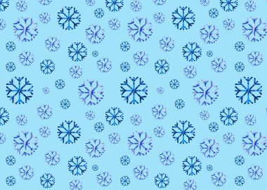 Mavi arka planda farklı boyutlarda kusursuz kar taneleri deseni. Kış tasarımı Noel süslemeleri.   