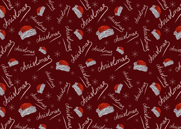 Nahtloses Muster Mit Roten Nikolausmützen Und Schneeflocken Auf Rotem Hintergrund — Stockfoto