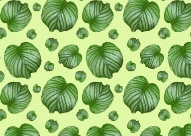 Açık arkaplanda yeşil tropikal yaprakları olan kusursuz bir desen. Tekstil kumaş tasarımı. Tekstil, kartpostallar, duvar kağıtları için tasarım.