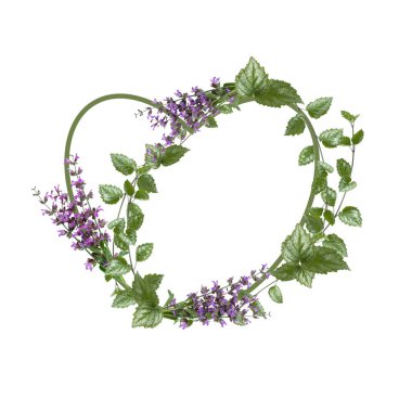 Floral arrangement in the shape of a heart.  Sage flowers and green leaves isolated on white background. Wedding design element. Festive flower arrangement. Postcard design. Border of green branches. Frame leaves. Copy space.   