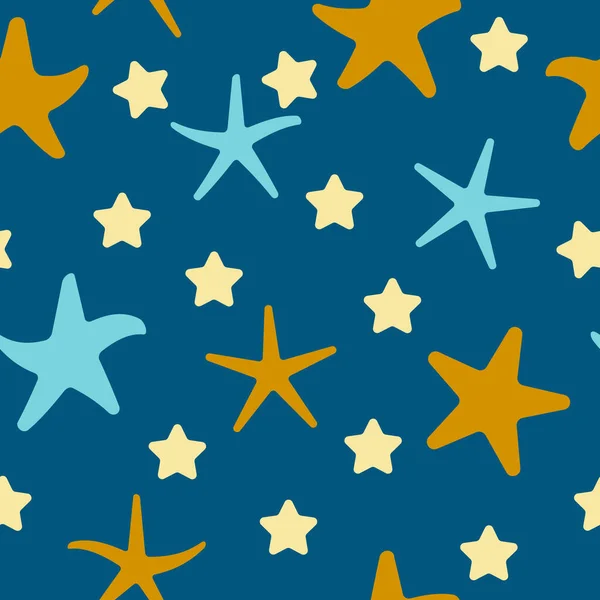 不同大小和颜色的海星 背景为深蓝色 有橙色 蓝色和黄色的海星 无缝图案 儿童的背景 矢量说明 — 图库矢量图片