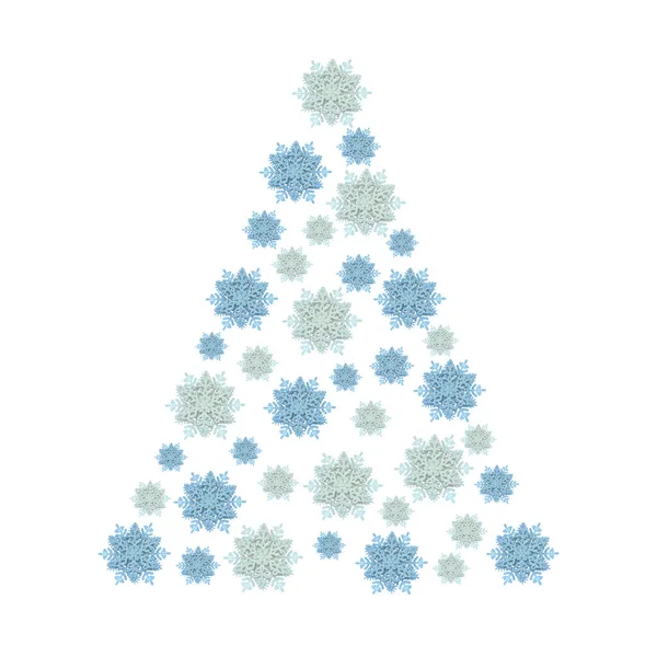 白色和蓝色的雪花在白色的背景上隔离开来 圣诞三角元素由雪花制成 冬季设计元素 雪花下的圣诞树 — 图库照片