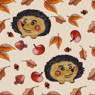  Kalıp mantarlar, sonbahar yaprakları, elmalar. Mantar vektör bileşimine sahip kirpi pürüzsüz desen. 