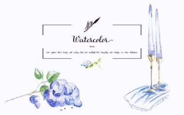 Vektör suluboya çizimi: bir leylak dalının yanındaki peçetedeki mum. Yazılı materyalleri dingin cazibesiyle çoğalt