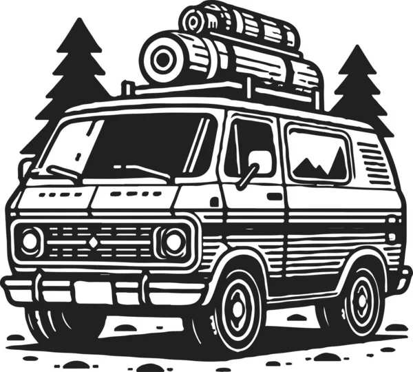 Van Για Ταξίδια Και Κάμπινγκ Στο Δάσος Λευκό Φόντο Εικονογράφηση — Διανυσματικό Αρχείο