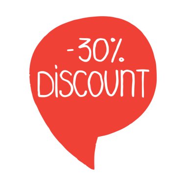 Parlak kırmızı konuşma balonu% 30 indirimli metin gösteriyor