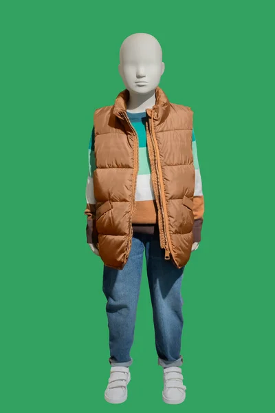 Immagine Figura Intera Bambino Manichino Indossando Caldo Gilet Trapuntato Jeans — Foto Stock