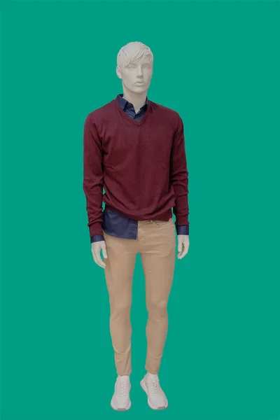 身穿深红色套头衫 穿着浅棕色长裤 与绿色底裤隔离的男性人体模特的全长图像 — 图库照片