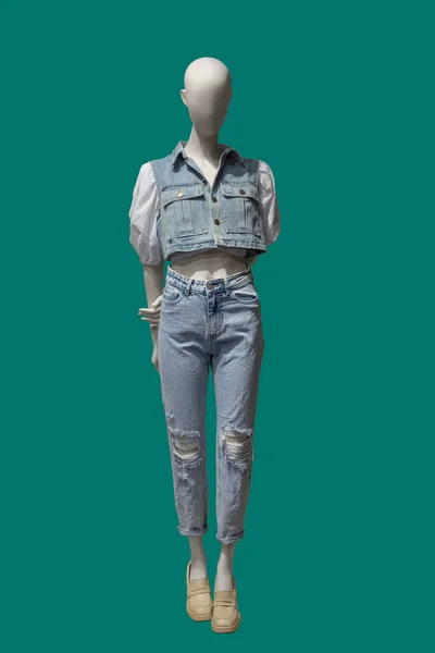 Full Längd Bild Kvinnlig Display Skyltdocka Bär Jeans Kläder Isolerad — Stockfoto