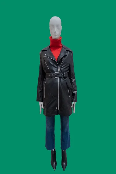 Image Pleine Longueur Mannequin Femme Portant Manteau Cuir Noir Pull — Photo