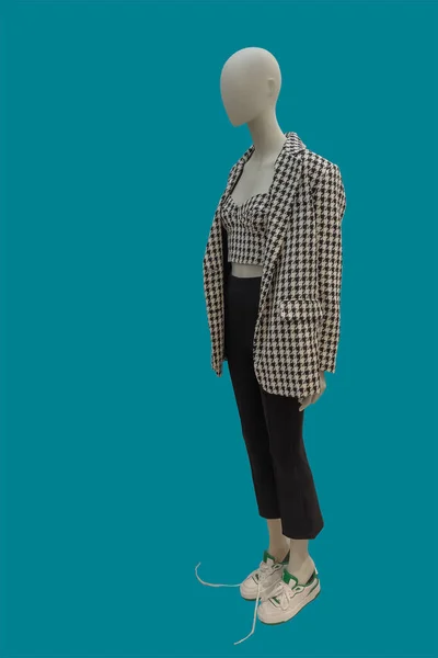 Image Pleine Longueur Mannequin Femme Portant Une Veste Tweed Carreaux — Photo