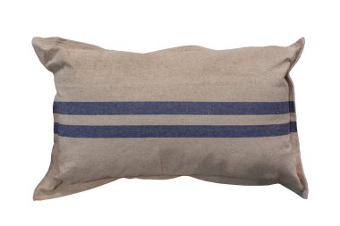 Dekoratif gri yastık beyaz arkaplanda iki mavi şerit izole edilmiş.