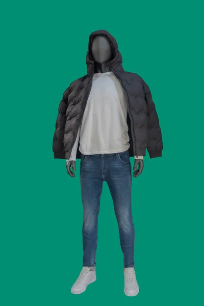 身穿黑色棉被夹克和蓝色牛仔裤的男装模特在绿色背景下被隔离的全长图像 — 图库照片