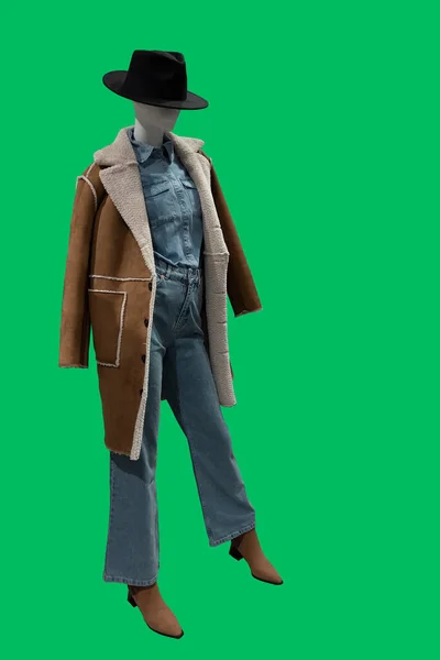 Yeşil Arka Planda Izole Edilmiş Koyun Derisi Ceket Kot Pantolon — Stok fotoğraf