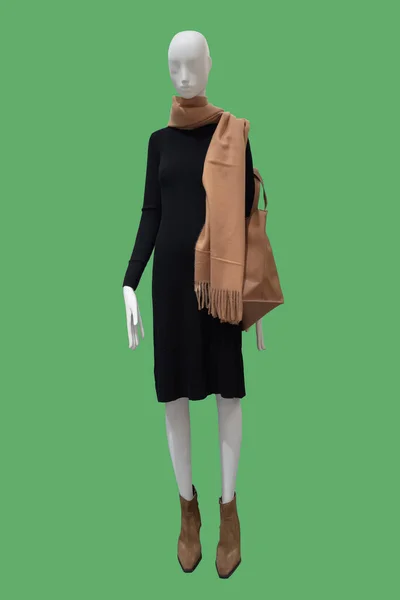 Full length image of a female display mannequin wearing fashionable black jersey dress isolated on green background