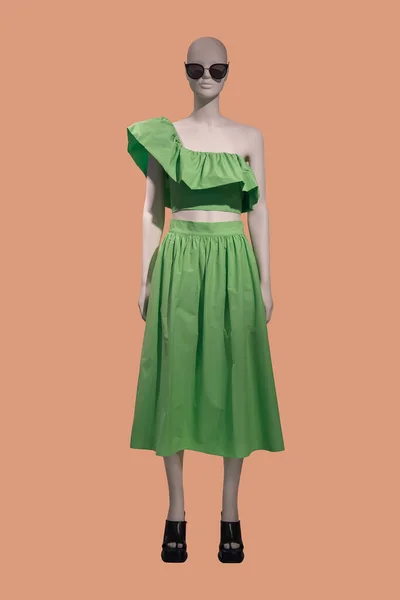 Plná Délka Obraz Ženské Displej Figuríny Sobě Stylové Zelené Módní — Stock fotografie