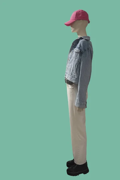 Полное Изображение Женского Манекена Дисплея Стильной Модной Одежде Изолированной Зеленом — стоковое фото