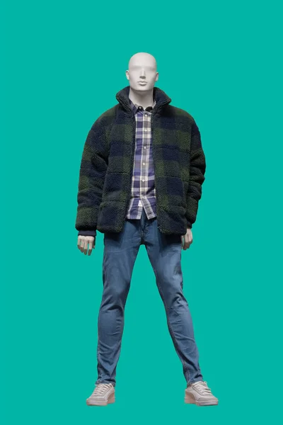 緑の背景に隔離されたジッパー 青いジーンズと再生シャツと緑のフェイクファーのジャケットを身に着けている男性ディスプレイマネキンの完全な長さの画像 — ストック写真