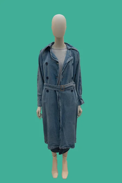 stock image Full length image of a female display mannequin wearing blue denim coat isolated on a green background