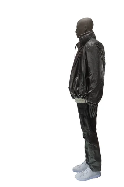 Повна Довжина Зображення Чоловічого Дисплея Манекен Модній Чорній Блискучій Куртці — стокове фото